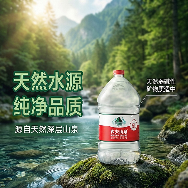 [主图主题] 农夫山泉天然水源卖点展示
[氛围/风格] 自然清新原生态风格，阳光漫射氛围
[画面元素] 农夫5升水桶放置在前景，背景虚化融入原生态山泉水源场景，青山翠绿清澈溪流，自然山林氛围，体现水源天然纯净，前景产品清晰，背景自然虚化过渡，整体画面干净自然。
[配色色系] 主色调：山林绿、溪流清透蓝；辅助色：产品红白色点缀
[视角构图] 前景平视主体，背景景深虚化，突出天然水源卖点
[文字版式] 左侧主标题 "天然水源 纯净品质" 绿色粗体无衬线，副标题 "源自天然深层山泉" 小字号白色，右侧用纤细引线标注 "天然弱碱性 矿物质适中"，文字悬浮留白处，不遮挡产品主体，排版简洁清晰。
[分辨率] 2k 分辨率