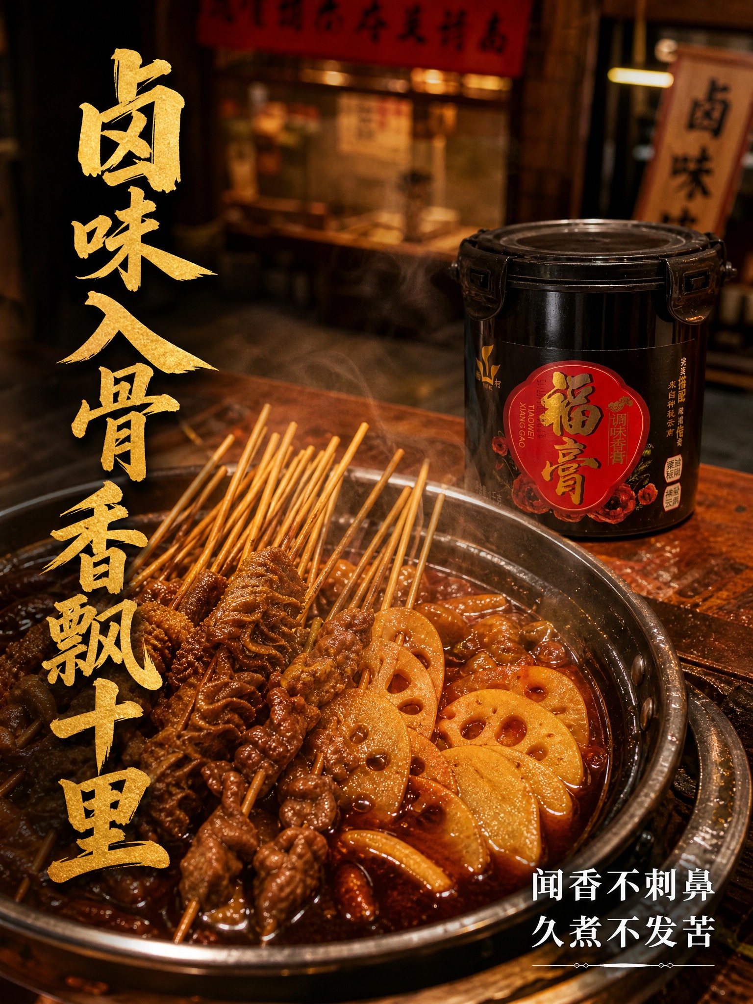 暖调市井餐饮商用风格海报，3:4竖版，画面主体是一锅卤串串，各… - 图片创意预览