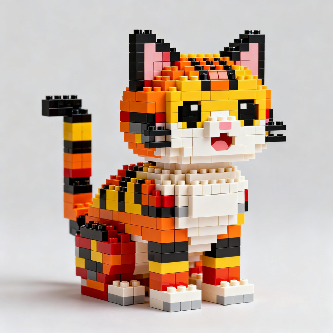 一只可爱的小猫，整体由乐高积木拼接搭建而成，呈现乐高质感，积木颗粒清晰可见，创意积木动物造型，色彩鲜艳丰富，整体风格可爱有趣，乐高积木风格的猫咪摆件预览效果
