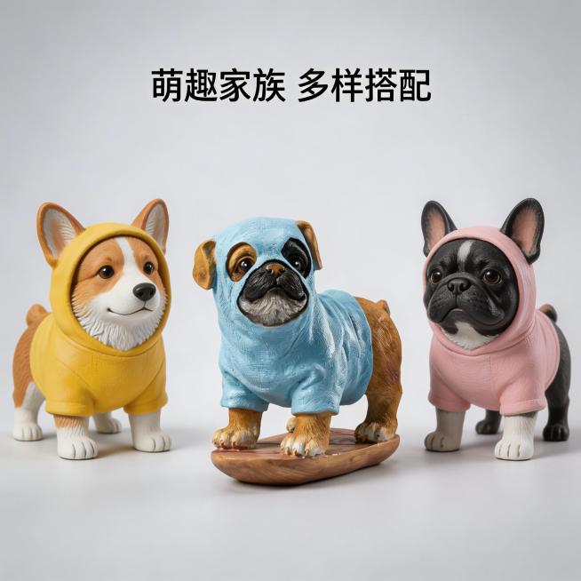 以沙皮狗摆件为主体，制作1:1比例的详情页图，展示摆件的整体搭配效果，与同系列其他动物摆件组合摆放，添加文字"萌趣家族 多样搭配"，风格与主图统一为写实简约，浅灰色渐变背景，突出产品质感预览效果