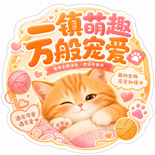 活动主题异形贴纸，中心放置卡通橘猫，边缘异形抠图贴合圆形轮廓，圆润大字主标题"一镇萌趣 万般宠爱"，暖色调，边角点缀毛线球、爪印、爱心装饰，慵懒温馨预览效果