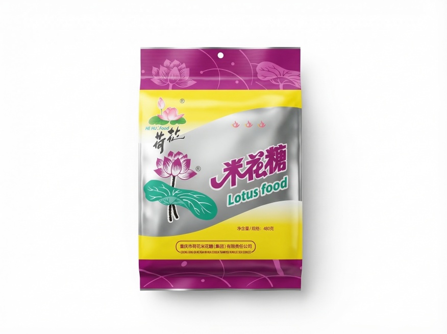 对这款米花糖包装袋进行商品精修：超清画质，智能降噪，细节锐化，8k分辨率，商业棚拍光，体积光，柔和阴影，消除包装袋表面褶皱，表面绝对平整，商业蒸汽熨烫，纯白背景，真实接触阴影，禁止拉伸变形，禁止无中生预览效果