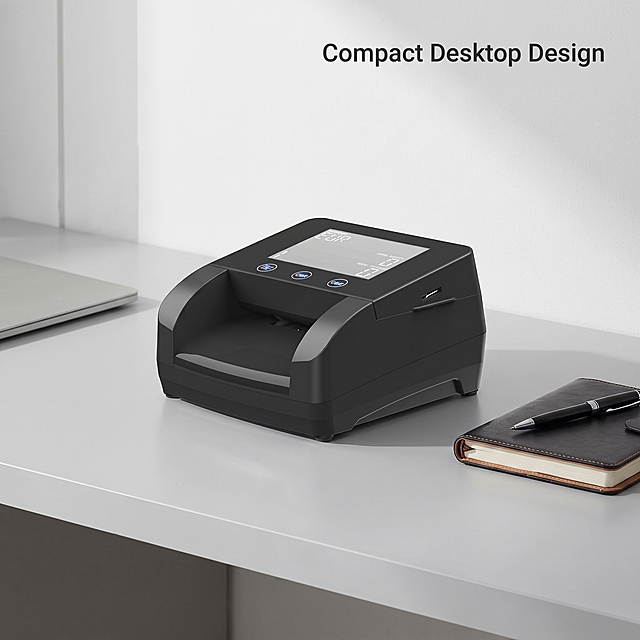 [Main image 7] ST-V70 Multi-currency Detector office application scenario display image. Real office scene, professional business atmosphere. Real scene photography, soft light, clear product, natural sense of hierarchy. ST-V70 placed on the clean light gray office desk, behind the simple white office wall, the desktop can be placed a notebook and pen, to create a real bank branch office counter scene. The product is in the center of the picture, accounting for about 60% of the picture, maintaining the product appearance consistent with the input image. The overall scene is clean, not cluttered, highlighting the compact portable features. Natural indoor soft light, the product has natural projection, the overall brightness is even, there is no strong shadow. Mainly light gray and white desktop, product black, color low saturation, coordination and unity. Front perspective, product centered, with office environment, natural sense of space. Upper right corner small title Compact Desktop Design, small font, does not block the product. 1:1 proportion, 2048px resolution, ultra HD. Negative prompt: Product deformation, cluttered scene, too many distracting elements, watermark, text disorder.