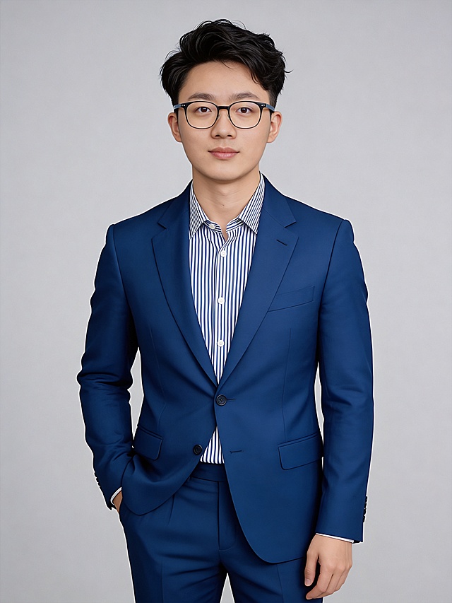 参考图中保留人物脸型、发型、年龄、眼镜等面部特征生成职场全身形象照，标准焦段50mm，f/4光圈，平视视角，镜头与人物视线齐平；人物占画面主体，居中构图，位于画面中心，为视觉聚焦点，全身照，展现人物完整身形；整体比例协调；头部与画面顶部保留合理空间；头部发型完整，头身比例协调，人物结构准确；身穿宝蓝色精纺羊毛混纺西装外套，平驳领设计，面料呈细腻微微哑光质感；内搭蓝白条纹高支精梳棉衬衫；下装宝蓝色精纺羊毛混纺西裤；着装正式干练；专业稳重；身形匀称，姿态端正，身体挺拔。呈自然站姿，左手插兜，肢体放松且自信；发质微微柔顺，微微蓬松；简约微微中度灰色纯色背景，呈现均匀柔和质感，背景光线均匀柔和，强化色彩对比的高级感，极简干净；32k画质超高分辨率、细节清晰，现代精致感风格；肤质精细化处理；眼神直视镜头，目光坚定且澄澈，表情自然。嘴角上扬；健康清透哑光肌，肤色均匀白皙，细腻平滑无瑕，保留真实毛孔纹理，自然提亮。正面柔光补光，4800K中性光，面部光比1:1.5。中近景写实摄影，对焦清晰，面部雾面柔光，轻透裸肌感，高清保留皮肤细节；分辨率4K，去除人物之外的所有元素。严格按照图片内容生成，整体协调自然。画面比例3:4