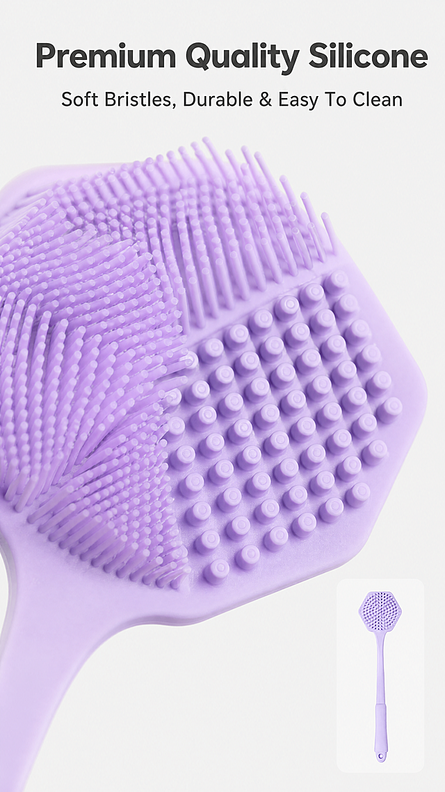 [Screen 4] Material detail macro shot. Focus on silicone bristle area from [image1], keep original bristle structure/purple color unchanged. Macro bristle texture clear, occupies 70% screen, add small full product view inset at bottom right. Background soft light gray #F5F5F5. Text: Top title "Premium Quality Silicone", subtitle "Soft Bristles, Durable & Easy To Clean". All English, simple clear font, no messy decoration. 9:16 vertical, 4K resolution. Negative: Changed bristle shape, distorted product, blurry texture, Chinese characters, over decoration.
