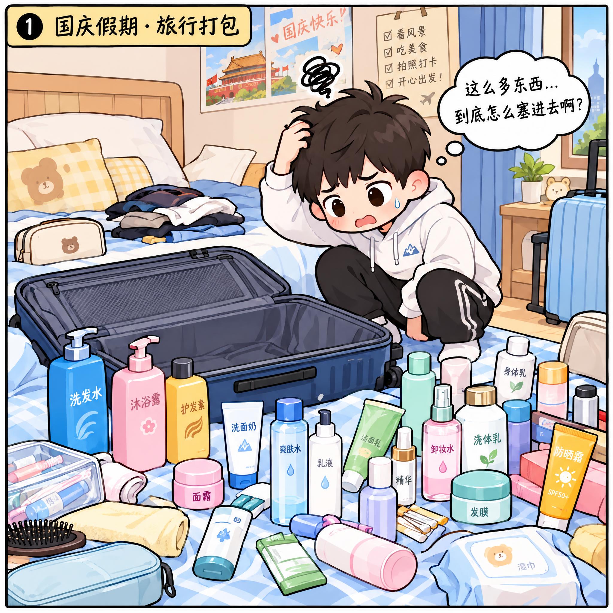 漫画风格四格漫画第一格，国庆假期旅行打包场景，卧室里床上摊开一… - 图片创意预览