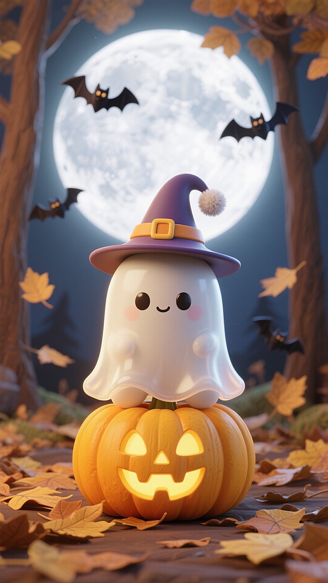 有一个萌系幽灵戴着巫师帽，坐在发光的南瓜灯上。背景是布满落叶的树林，圆月高挂，蝙蝠飞舞，光影柔和，营造出神秘的万圣节氛围。