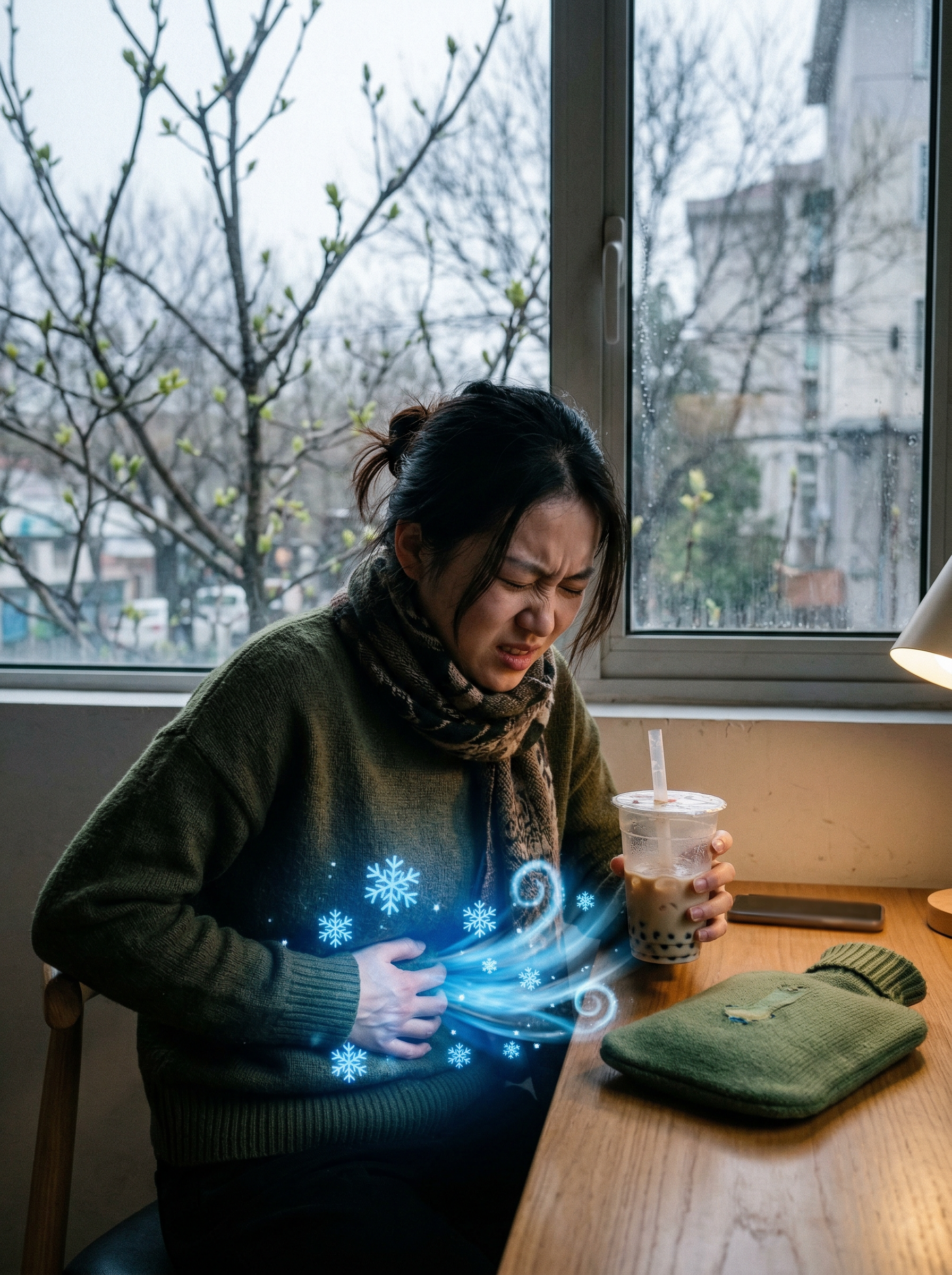 倒春寒时节，窗外料峭春寒树枝刚发芽，画面中央一只手拿着冰奶茶，… - 图片创意预览