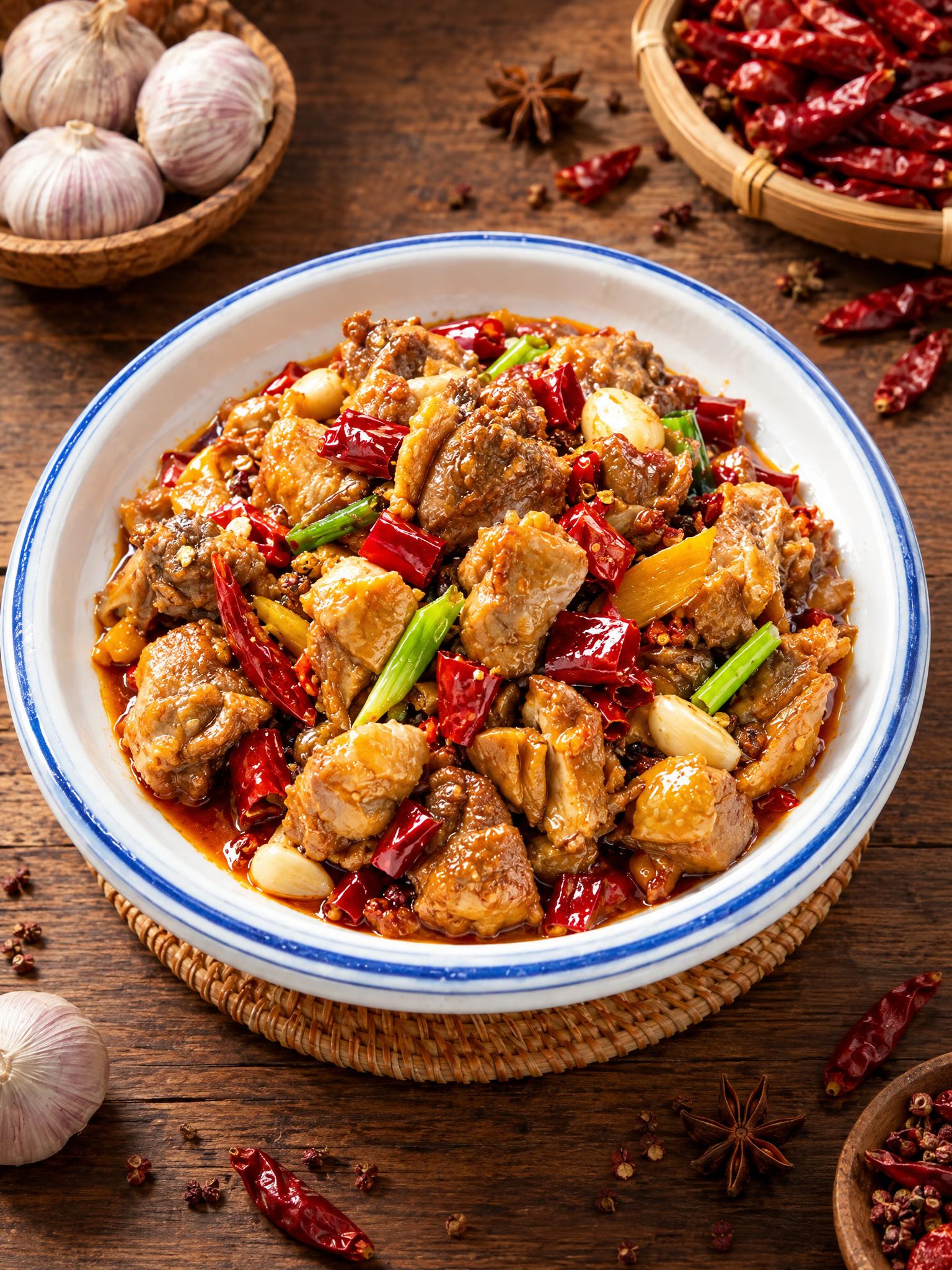 基于参考图中的红烧鸡块菜品，生成俯视45度角度的美食摄影图，保… - 图片创意预览