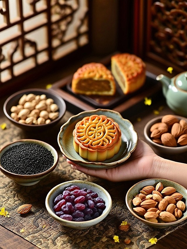 手托古朴陶瓷小盘子，碗中放主体；周围摆放5个小碗，分别盛装5种食材（花生、黑芝麻、紫葡萄干、杏仁、核桃仁），背景有虚化切开的月饼、茶壶、少量桂花花瓣点缀，暗纹宋锦桌布，古风屏风，暖棕调自然光线，突出食材质感与中式古朴温馨氛围 。