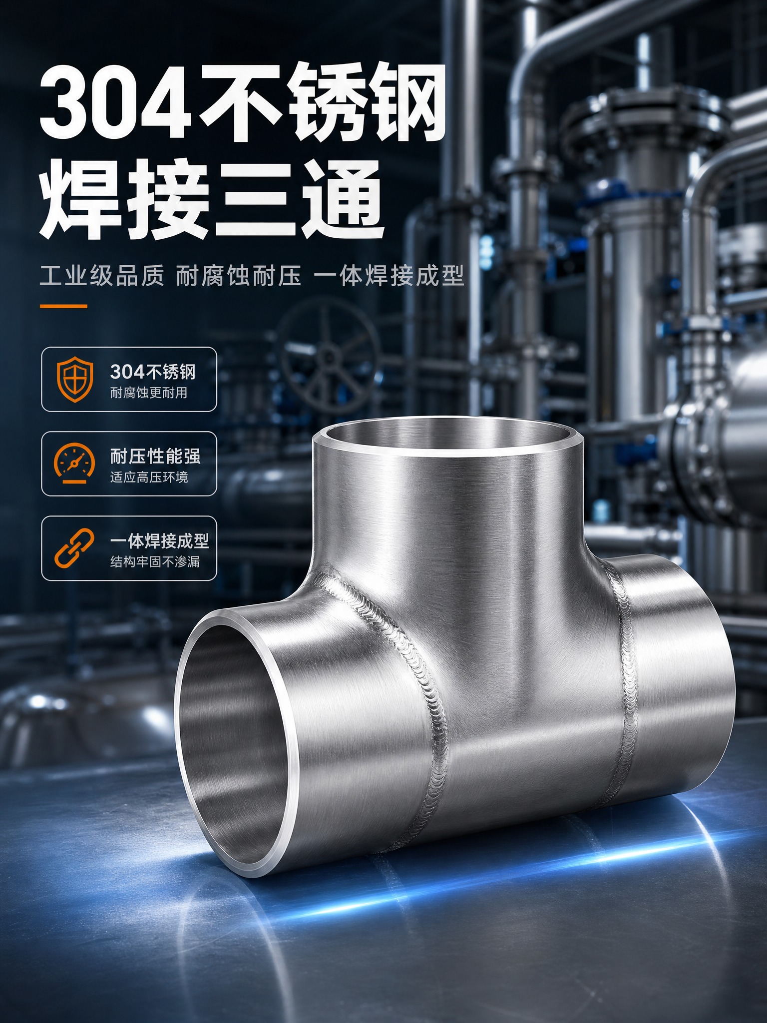 [详情页-1] 专业头图，304不锈钢焊接三通+工业管道场景，… - 图片创意预览