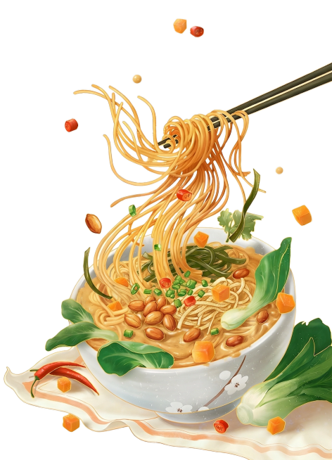 去掉图中所有牛肉块，添加油炸花生米、千张丝、葱花和海带丝，保留麻酱汤底和米线，保持整体国潮插画手绘风格不变，背景保持纯白色预览效果