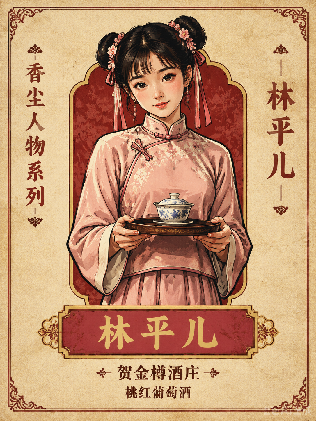 平面酒标设计，香尘人物系列，竖长方形构图。米白色做旧纸张质感背… - 图片创意预览
