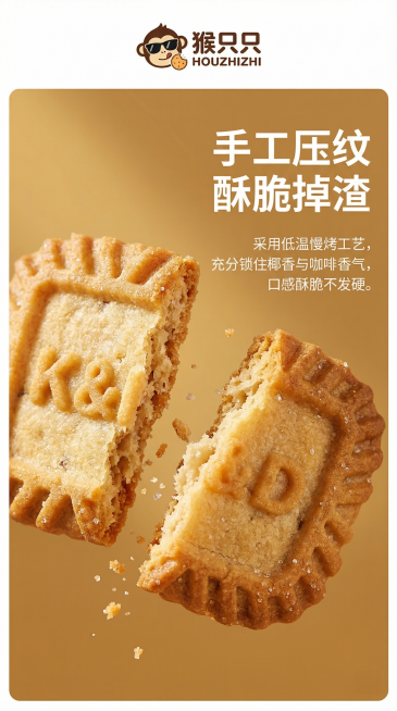详情页产品细节模块：微距特写猴只只生椰拿铁饼干的酥脆纹理，展示饼干表面清晰压花，一块饼干掰开掉渣，突出酥脆口感。左侧大图展示细节，右侧文字标注“手工压纹 酥脆掉渣”，介绍工艺：采用低温慢烤工艺，充分锁预览效果