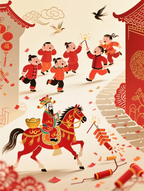 纯皮影风格（皮影，透光感），皮影戏，纯平面，主体是穿红衣的孩童们（有的捂耳朵、有的点鞭炮、有的追着炸响的鞭炮跑），画面下方是财神骑红金骏马（装饰火焰纹、金流苏）；周围环绕皮影质感的鞭炮、红色纸屑、祥云预览效果