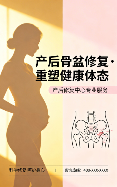 产后骨盆修复知识宣传海报，整体画面温馨治愈，暖色调柔和光线，简约现代设计，适合产后修复中心使用，尺寸750×1200像素预览效果