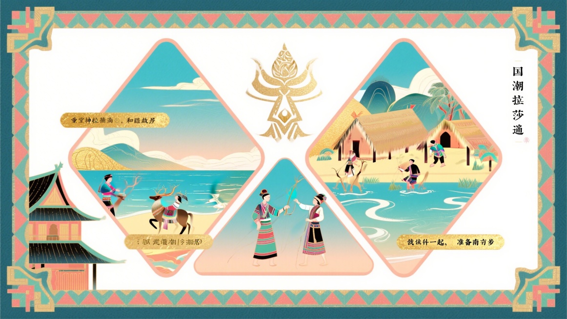 重新创作拉祜族北氐南氐可迁徙故事插画，参考参考图的多维度层叠区块构图，将糯海狩猎、和睦共居、争端再起、准备南迁四个故事节点分别放置在独立几何区块中，用拉祜族传统三角几何纹样做区块分割，突出天神厄莎造湖预览效果
