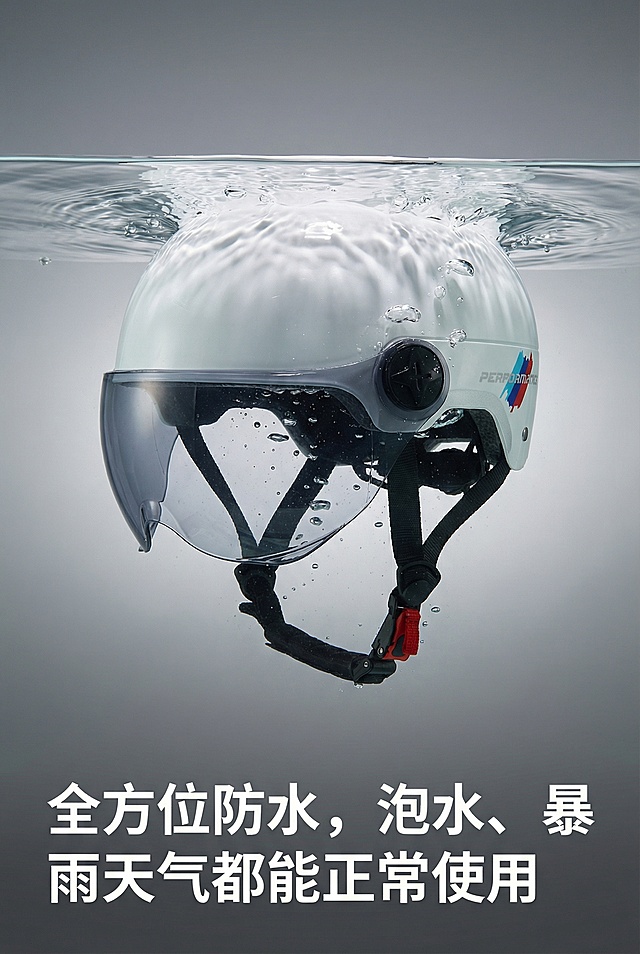 做一个详情页图片，尺寸750px*1200px.目标： 回答用户“这对我有什么好处？” 呈现方式： 将技术参数转化为用户可感知的利益点。  功能： “全方位防水” 利益： “可以泡水，暴雨天气都可以正常使用，画面：背景高级灰渐变，头盔泡在水里，整体画面要融合，元素不能突兀。文字在优化