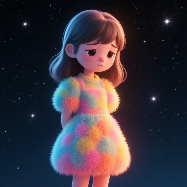 一位穿着连衣裙的长发女孩，伤感地站在黑暗的星空下，高清画质，整体氛围宁静而略带忧郁预览效果