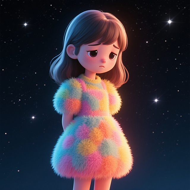 一位穿着连衣裙的长发女孩，伤感地站在黑暗的星空下，高清画质，整体氛围宁静而略带忧郁