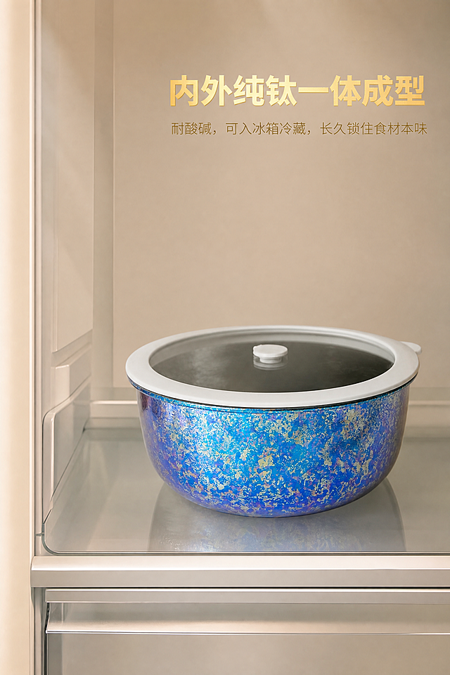 [商品] 使用【图3】蓝紫色款纯钛保鲜汤盆带钢化玻璃盖；保留白色硅胶包边玻璃盖、白色泄压阀小钮、手工大冰花幻彩蓝紫色金属肌理、圆形深盆造型、口径19.2cm高度8.5cm的比例；严格还原颜色、纹理、结构、LOGO位置及所有细节，去掉原背景桌面和右下角杂物，产品本体比例1:1不变形。
[画面] 核心卖点4一体成型冷藏保鲜耐酸碱，2:3竖版，画面展示纯钛盆全景，搭配简约冰箱局部极简背景示意保鲜场景，冰箱只露出极简边缘和层架，不抢产品主体；产品偏右侧摆放，占画面约55%，左侧留白放文字；低饱和浅咖哑光背景，国风沉稳高级。
[视觉] 套系策略：风格=细质轻奢鎏金肌理国风高级商业摄影；标题字=无衬线极简鎏金烫金粗体；正文字=无衬线细鎏金字体；主色=浅咖金；背景延展=基于浅咖色做哑光肌理、同色深浅渐变和细腻质感；强调色=鎏金色，仅用于文字和局部高光；标题色=鎏金烫金色；正文色=深鎏金色；组件=极简留白无多余装饰；光影=柔和冷调侧光，营造冰箱冷藏的清凉感。
[文字] 文字右对齐排版，位于画面右侧上部；主标题鎏金烫金粗大字："内外纯钛一体成型"；副标题细鎏金小字："耐酸碱，可入冰箱冷藏，长久锁住食材本味"；所有文字横向排版，不遮挡产品主体。
[规格] 2K高清，medium质量；负面提示：冰箱堆满杂物，人物，手，卡通图案，高饱和颜色，水印，模糊，廉价塑料感，冰箱过于突出抢主体。