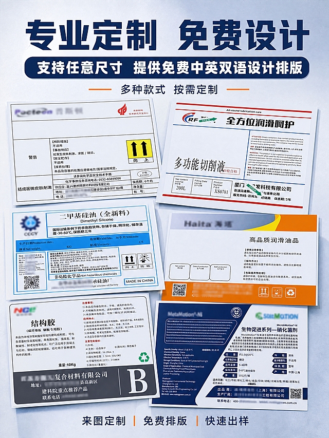 [商品] 使用用户提供的7张不干胶标签素材（警告类化工标签、多功能切削液标签、二甲基硅油标签、高品质润滑油标签、结构胶标签、硝化菌剂标签、绿色边框环保标签）；保留各标签的真实外观、颜色、版式、材质和文字内容，标签清晰可读，不干胶材质有真实的亚光质感和轻微反光。

[画面] 详情页第二屏，主题是"专业定制，免费设计"，展示丰富的标签品类和设计排版能力。采用多标签陈列展示型：画面中下部错落有致地陈列6张以上不同款式的不干胶标签，包括：警告类化工标签（白底黑字带警示标识）、切削液标签（红边白底）、二甲基硅油标签（蓝边白底带中英文）、润滑油标签（橙边白底）、结构胶标签（灰底白字）、硝化菌剂标签（藏蓝白拼色）等，标签以不同角度倾斜摆放，有前后层次感，像摊开在桌面上一样；标签产品占画面55%-65%；上方是标题区；整体氛围专业、丰富、有设计感。

[视觉] 套系策略：风格=工业专业风商业摄影；标题字=粗黑体硬朗工业风；正文字=简洁无衬线体；主色=深蓝色（化工行业色）；背景延展=浅灰蓝色渐变背景，带细微纸张纹理，干净清爽；强调色=橙色，仅用于点缀和分隔线；标题色=深蓝色；正文色=深灰色；组件=无小图标，纯文字排版；光影=左前侧柔和主光，标签有清晰高光和柔和投影，台面有轻微反光，整体干净明亮。

[文字] 顶部居中放主标题"专业定制 免费设计"，超大粗黑体深蓝色大字，非常醒目；主标题下方紧跟着第二行副标题"支持任意尺寸 提供免费中英双语设计排版"，字号加大，用粗体，白色字配深蓝色底的圆角长条背景框，非常突出醒目，一眼就能看到；标签陈列区上方有一行小字说明"多种款式 按需定制"；底部有一行服务信息"来图定制 | 免费排版 | 快速出样"。所有文字横排，不遮挡标签主体。第二行文字必须足够大、足够醒目，不能太小太淡。

[规格] 图片比例3:4竖版（详情页），4K分辨率，标签文字清晰可读，细节清楚。负向：变形、模糊、水印、错字、乱码、标签内容不可读、颜色偏差、背景杂乱、标签重叠遮挡严重、文字竖排或斜排、出现小图标或icon、第二行文字太小看不清。