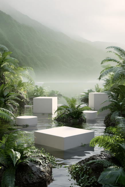 E-commerce product display poster, serene natural landscape, keep exactly three white geometric podi预览效果