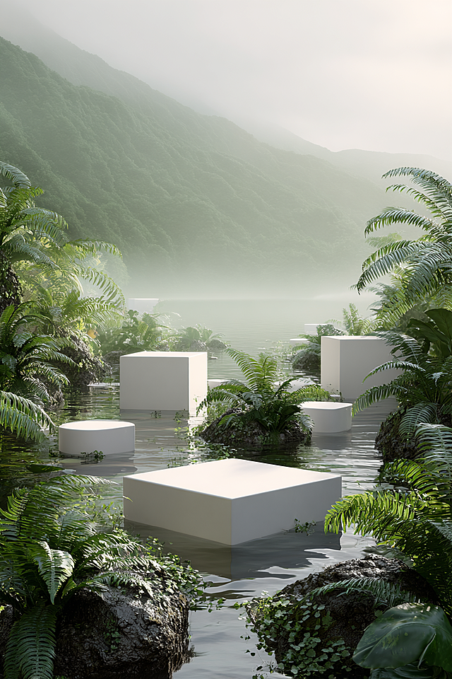 E-commerce product display poster, serene natural landscape, keep exactly three white geometric podiums only, delete all extra white platforms, podiums partially hidden by lush ferns and tropical leaves, some submerged in calm lake water, moss-covered rocks and stepping stones around, podiums arranged in irregular scattered positions, focus on natural scenery, misty forest mountains in the background, soft green diffused lighting, ethereal and tranquil atmosphere, 3D render, cinematic composition, hyper-detailed, photorealistic, product showcase style --style raw