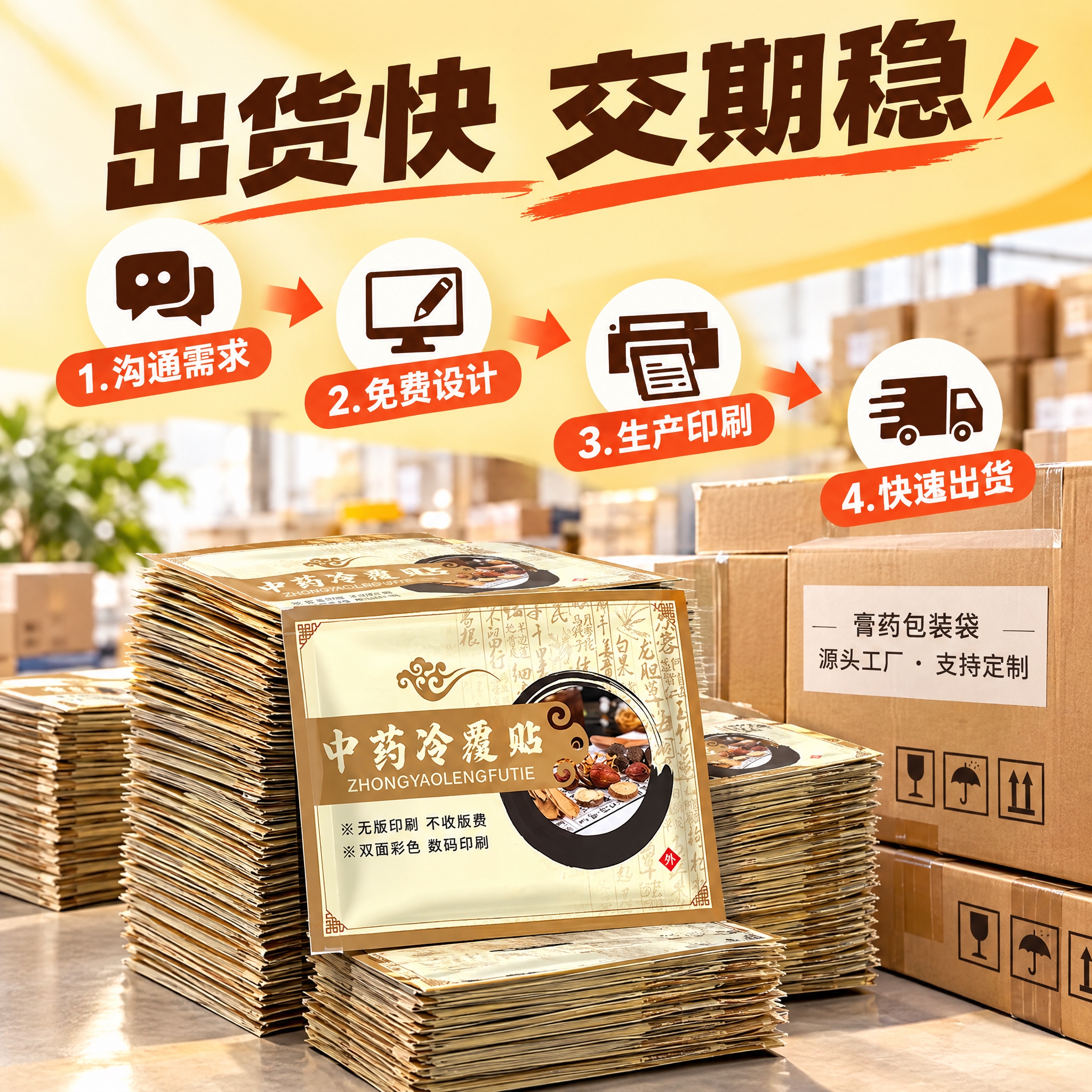 [主图-4] 定制膏药包装袋 场景与使用体验图，展示工厂定制流… - 图片创意预览