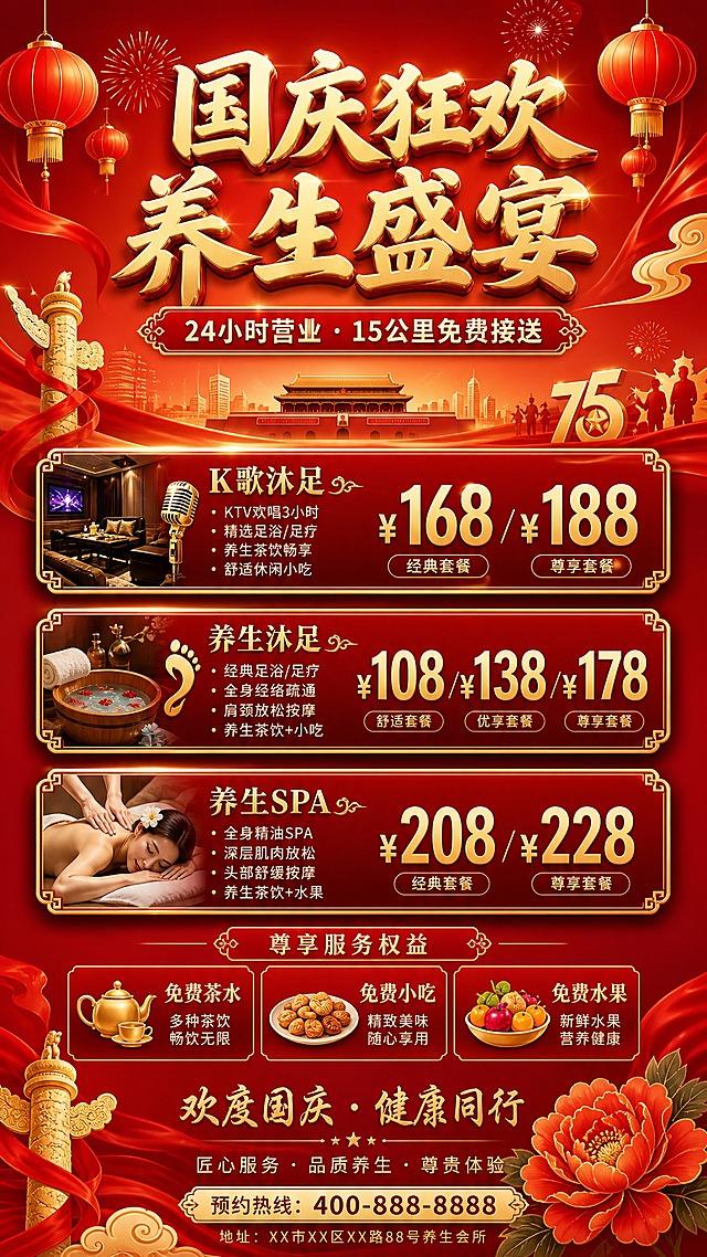 一张国庆节养生会所宣传海报，竖版9:16，国风新中式风格，红金配色，高端大气。画面顶部大标题"国庆狂欢 养生盛宴"，金色立体字，红色渐变背景。副标题"24小时营业 · 15公里免费接送"位于主标题下方。中间区域分为三个价格套餐卡片，从上到下排列：第一张卡片标题"K歌沐足"，价格"¥168 / ¥188"；第二张卡片标题"养生沐足"，价格"¥108 / ¥138 / ¥178"；第三张卡片标题"养生SPA"，价格"¥208 / ¥228"。每张卡片用金色边框装饰，背景为深红色渐变，价格数字醒目放大。底部区域展示服务权益："免费茶水、小吃、水果"，配以简约图标。画面装饰元素：红色灯笼、金色祥云、飘带、烟花、国庆节日元素，营造喜庆氛围。整体版式精美，层次分明，四周留足安全边距。画面中所有信息区域、套餐卡片、价格表格、权益列表必须填充完整合理的内容，不得出现空白框或占位。画面中所有数字必须精确渲染，不得错位、遗漏或编造。