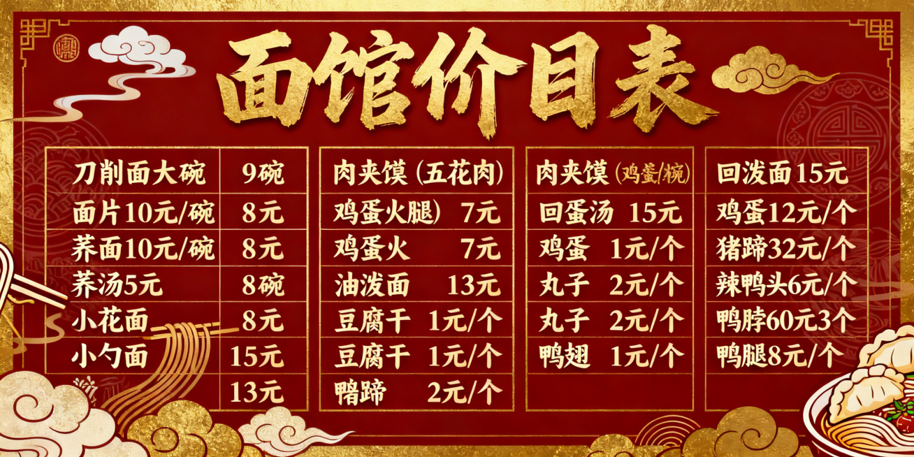 国潮风面馆价目表，朱砂红+烫金配色，背景融入云纹、传统面食纹样等国风元素，搭配书法字体标题，餐品信息分栏规整排列，完整呈现所有价目：刀削面大碗9元 小碗8元，面片10元/碗，荞面10元/碗，肉夹馍（五预览效果