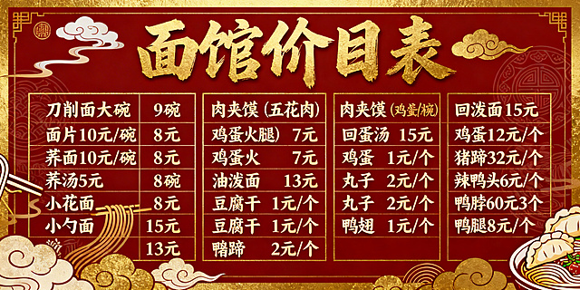 国潮风面馆价目表，朱砂红+烫金配色，背景融入云纹、传统面食纹样等国风元素，搭配书法字体标题，餐品信息分栏规整排列，完整呈现所有价目：刀削面大碗9元 小碗8元，面片10元/碗，荞面10元/碗，肉夹馍（五花肉）10元，肉夹馍（鸡蛋火腿）7元，粉汤5元，鸡蛋汤3元，回勺面15元，油泼面13元，鸡蛋1元/个，豆腐干1元/个，丸子2元/个，猪蹄32元/个，辣鸭头6元/个，鸭脖6元/个，鸭翅10元3个，鸭腿8元/个，整体大气有质感，兼具传统韵味与辨识度