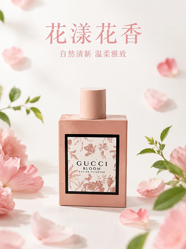[主图-3] 花漾花香成分主题展示，结合天然花材突出花香调卖点。[氛围风格] 自然清新高级氛围感[画质] 商业摄影质感，8K超高清，产品清晰真实，画面干净高级，质感细腻[元素] 香水居中放置，四周环绕真实浅粉色花瓣与嫩绿叶片点缀，自然不拥挤，保持产品外观、物理结构、粉雾磨砂瓶身材质、粉色颜色与输入产品图绝对一致，杜绝任何变形和色差，精细化处理。背景为纯净浅白色，花瓣仅作点缀不抢主体。[光影] 柔和自然光，光线通透，花瓣和瓶身都有自然柔和的光影[配色] 浅白背景搭配粉色花瓣和绿色叶片，整体清新温柔[视角构图] 平视中心构图，主体突出，前景背景层次分明[文字版式] 顶部居中排版，大字文案"花漾花香"，下方小字"自然清新 温柔雅致"，浅粉色字体，简约高级[比例分辨率] 3:4比例，8K分辨率，文字清晰锐利[负向提示词] 变形，文字错乱，产品图模糊，背景杂乱，水印，电商平台Logo