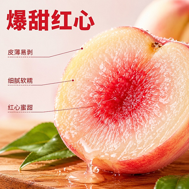 [主图3 细节与成分] 湖景水蜜桃，微距放大展示果肉细节，突出多汁软糯质感。
[画面主体] 特写对半切开的湖景水蜜桃，聚焦展示横截面，保留原水蜜桃粉红肉芯、浅色果肉的自然色泽，呈现水润光泽。表面挂满晶莹水珠，汁水顺着切面缓慢流淌，细节清晰可见。保持水蜜桃果肉质地、颜色和结构与输入产品一致，无变形无色差，主体占画面约70%。
[构图版式] 中心特写构图，完全聚焦果肉汁水细节，饱满展示。
[场景元素] 背景虚化，浅棕色原木案板承托，周围点缀少量翠绿桃叶，简约不抢主体，突出水蜜桃本身。
[文案版式] 左上留白区域，用细引线标注细节：引线1指向果皮，文字标注"皮薄易剥"；引线2指向果肉，文字标注"细腻软糯"；引线3指向红心部位，文字标注"红心蜜甜"。顶部大字红色标题"爆甜红心"，文字都放在留白区域不遮挡果肉细节。
[光影质感] 自然暖逆光，从后方打透果肉，凸显水润通透感，汁水反光晶莹，层次清晰，微距细节锐利，真实食欲感拉满。
[配色字体] 主色调粉嫩果肉红+浅棕木色，强调色红色，字体清晰，引线纤细不突兀，干净利落。
[比例分辨率] 1:1比例，2048×2048，2K分辨率，文字清晰可辨，超高清微距商业摄影质感，符合抖音平台规范。
[负向提示词] 变形，文字错乱，产品模糊，背景杂乱，水印，电商平台Logo，错字，糊字，主体遮挡，低清晰度，错误结构