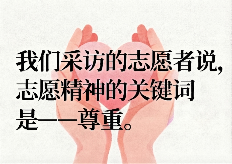 将海报文字替换为准确内容：“我们采访的志愿者说，志愿精神的关键词是——尊重。”，其余画面元素、风格完全保留预览效果