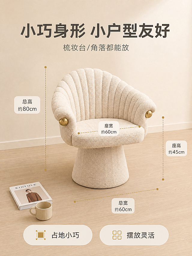 [商品] 使用【图1】米白羊羔绒单人梳妆椅；保留整体造型、尺寸比例、米白羊羔绒面料与金色装饰；椅子结构完整。
[画面] 目标：空间尺度页，展示椅子尺寸与小户型空间适配。椅子正面45°放置在浅木地板上，四周有虚线尺寸标注示意总高、座高、总宽、座宽。旁边放一本杂志和一个水杯作为参照物，直观展示大小。背景为浅米色墙面，简洁干净。产品占画面约50%。
[视觉] 套系策略：风格=真实家居商业摄影·奶油侘寂风；标题字=现代简约无衬线粗体；正文字=纤细无衬线体；主色=奶杏米白；背景延展=基于奶杏米白做深浅层级、同色渐变与细腻墙面/织物质感；强调色=暖金色，仅用于小面积图标、引线和装饰标签；标题色=深暖灰；正文色=中暖灰；组件=圆角浅底信息卡、细金线引线、胶囊形卖点框；光影=正上方暖柔光，均匀明亮。
[文字] 上方主标题「小巧身形 小户型友好」，副标题「梳妆台/角落都能放」，尺寸标注：总高约80cm、座高约45cm、座宽约60cm（用约数表达），下方2个空间卖点：「占地小巧」「摆放灵活」，文字横向排版。
[规格] 图片比例3:4竖版，resolution=2K，quality=medium，避免变形、错字、文字过小、尺寸标注混乱、结构失真、极限词。
