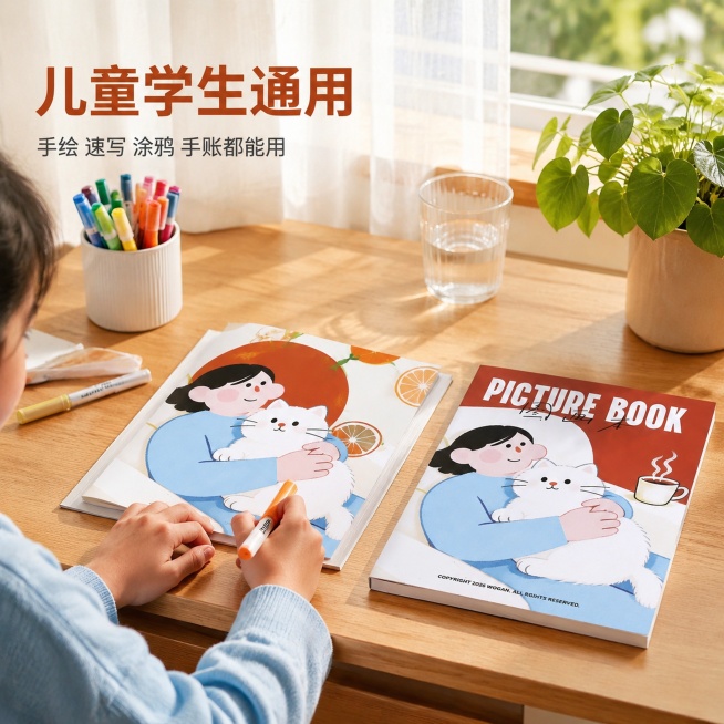 [主图-4] 多场景适用展示
[氛围风格] 生活化温馨场景
[画质] 商业摄影质感、光线柔和通透、产品清晰真实、画面干净高级
[元素] 儿童坐在书桌前，手拿马克笔在这本图画本上绘画，图画本打开放在原木预览效果