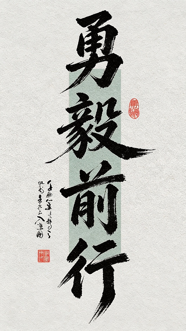 保留原参考图的整体构图和所有装饰元素：浅灰色宣纸纹理背景，浅绿色竖色块居中，保留左侧小字题跋和两个红色印章位置。在浅绿色竖色块中，竖排四个大字"勇毅前行"，使用参考图风格：粗毛笔行书书法，极粗重笔画，飞白枯笔技法，飞毛效果明显，笔画锐利斜切收束，结构穿插咬合，整体苍劲有力张力十足，黑色浓墨。文字整体必须完整呈现在画面内不可被裁切，四周留有安全边距。不得保留原文字"大展鸿图"，只能生成勇毅前行四个字。