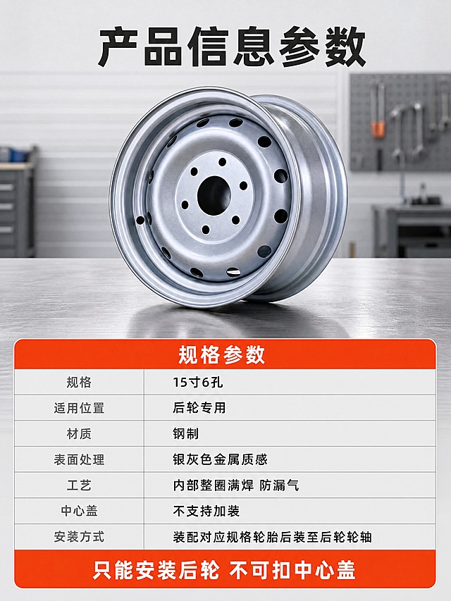 [商品] 使用【图38】【图40】汽车钢制满焊轮毂 多孔位适配车轮配件实物图 保留银色钢圈的外圈轮辋卷边 轮辐曲面 外圈一圈小圆孔 中心六个螺栓安装孔与中心孔 表面银灰色涂层 结构与颜色与输入图完全一致 不新增孔位 不标注虚构尺寸
[画面] 页面目标 参数收口 让买家一次看清规格与安装边界 构图 上下分层 上部六分之一为标题区 中部为产品实物 以正侧微俯的三十度视角完整展示轮毂 主体占画面约35% 下方有柔和接触阴影 背景为浅灰金属台面与虚化的车间墙面 下部为一张浅灰底细线参数表 表头为亮橙红底白字 表内七行两列 左列为中灰参数名 右列为深炭黑参数值 行高一致 表格线细而匀 对齐整齐 阅读动线上到下 景别中近景
[视觉] 套系策略：风格=汽车配件专业实拍与满版信息图解；标题字=现代无衬线粗体；正文字=简洁无衬线常规体；主色=银灰金属；背景延展=浅灰维修车间与金属台面的同色深浅层级与细金属拉丝纹理；强调色=亮橙红 只用于表头与标签；标题色=深炭黑；正文色=中灰；组件=圆角浅底信息卡 细线参数表；光影=车间顶部均匀照明加柔光箱侧光 金属高光连续干净
[文字] 标题 产品信息参数 参数表表头 规格参数 表内七行依次为 规格 15寸6孔 ／ 适用位置 后轮专用 ／ 材质 钢制 ／ 表面处理 银灰色金属质感 ／ 工艺 内部整圈满焊 防漏气 ／ 中心盖 不支持加装 ／ 安装方式 装配对应规格轮胎后装至后轮轮轴 底部一条亮橙红提示条 只能安装后轮 不可扣中心盖 全部横排 不竖排 不旋转 文字不得压到表格线
[规格] 图片比例3:4竖版 4K 避免变形 错字 乱码 文字过小 水印 二维码 手机号 平台Logo 绝对化用语 编造尺寸与认证信息