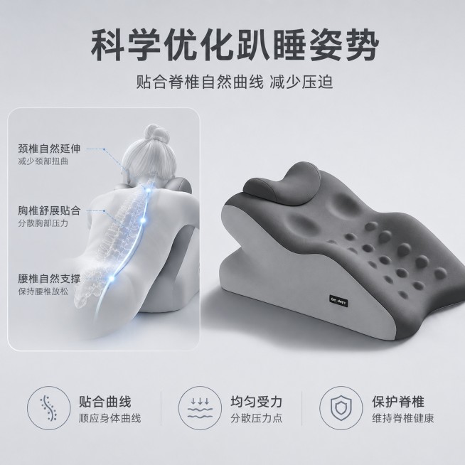 [主图-2] 趴睡姿势优化与脊椎保护卖点展示。[氛围风格] 医疗科技感 人体工学专业感，简约高级。[画质] 商业摄影质感、光线柔和通透、产品清晰真实、画面干净高级。[元素] 保持灰色床上趴睡枕产品外观预览效果
