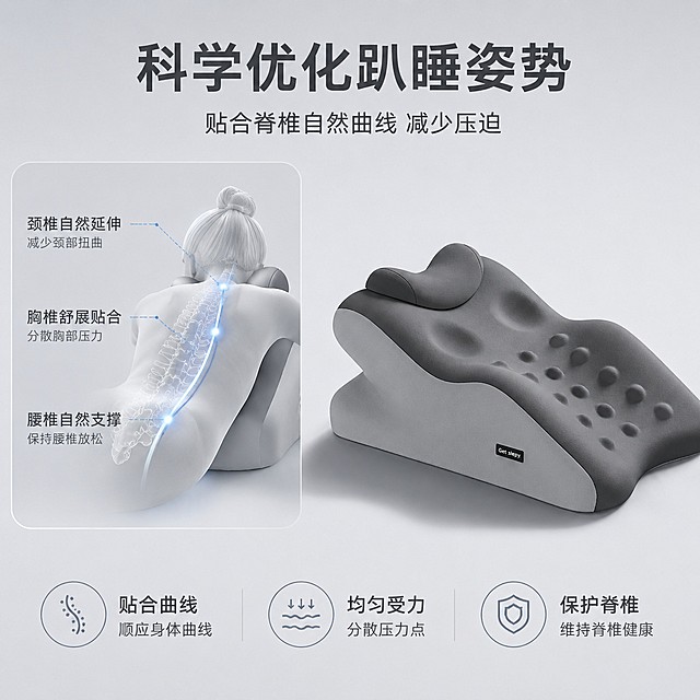 [主图-2] 趴睡姿势优化与脊椎保护卖点展示。[氛围风格] 医疗科技感 人体工学专业感，简约高级。[画质] 商业摄影质感、光线柔和通透、产品清晰真实、画面干净高级。[元素] 保持灰色床上趴睡枕产品外观（物理结构、材质质感、颜色）与输入产品图绝对一致，杜绝任何变形和色差，精细化处理。左侧展示产品支撑人体脊椎的人体工学曲线示意图，右侧放置产品实物，采用画中画版式，左侧示意图标注脊椎自然曲线，右侧产品清晰展示轮廓。商品主体占比严格控制在 60%-80% 之间，画面满屏无边框。背景为统一浅灰科技风，和首图保持一致风格与光源方向。[光影] 和首图保持一致光影方向，左侧示意图打柔光突出线条，右侧产品光影通透。[配色] 保持浅灰+深灰配色，示意图线条用浅蓝色区分，整体保持医疗专业感。[视角构图] 左右分栏构图，左示意图右实物，平衡舒适。[文字版式] 顶部居中大字主文案写"科学优化趴睡姿势"，下方小字辅助说明"贴合脊椎自然曲线 减少压迫"，底部三列卖点分别标注：「贴合曲线」「均匀受力」「保护脊椎」，文字清晰，不遮挡主体。[比例分辨率] 1:1 比例，4k 分辨率，文字清晰锐利，超高清。[负向提示词] 变形，文字错乱，产品图模糊，背景杂乱，水印，电商平台Logo。