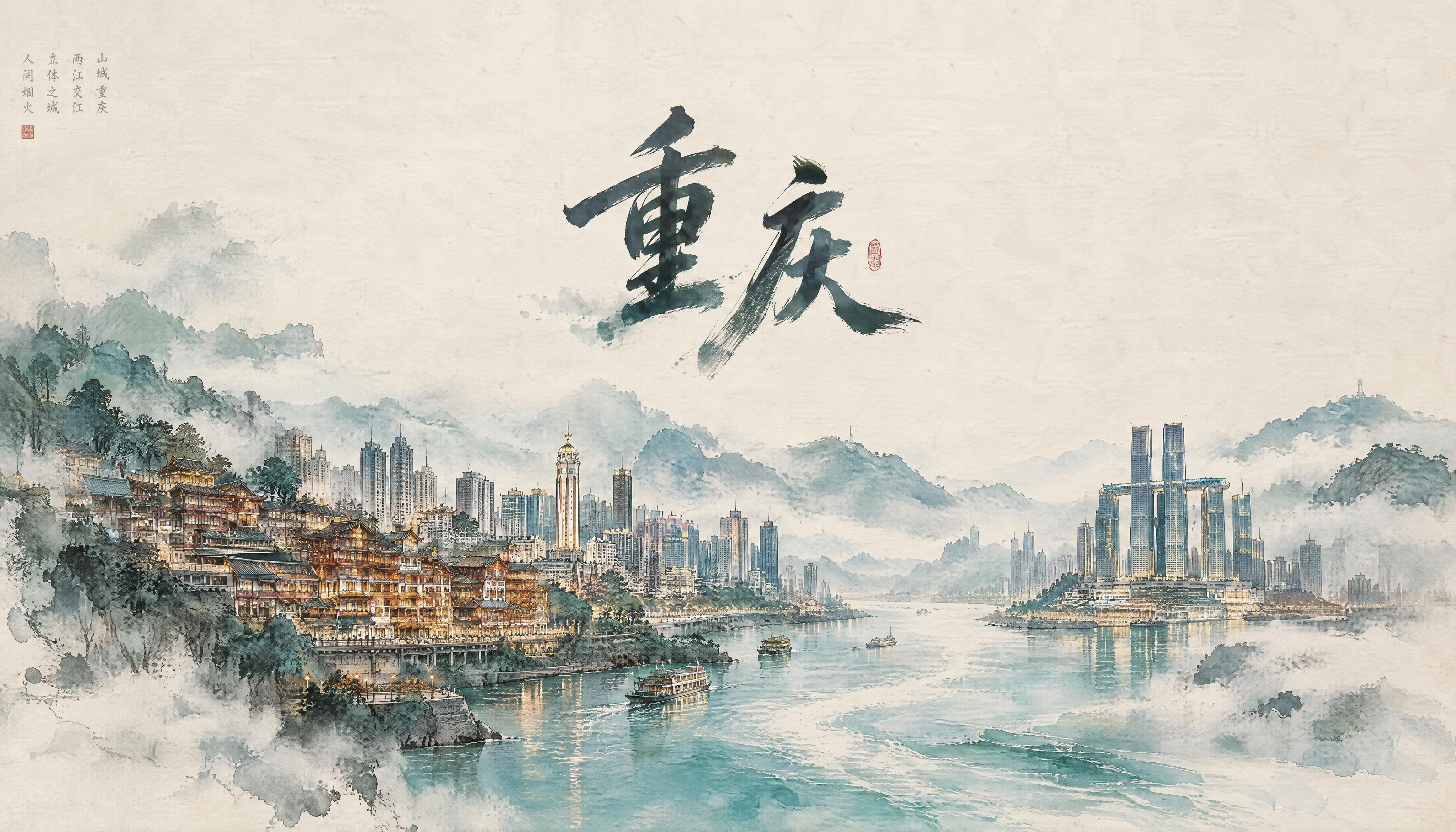重庆城市宣传图，诗意水墨风格，整体水色质感，大幅留白构图。画面… - 图片创意预览