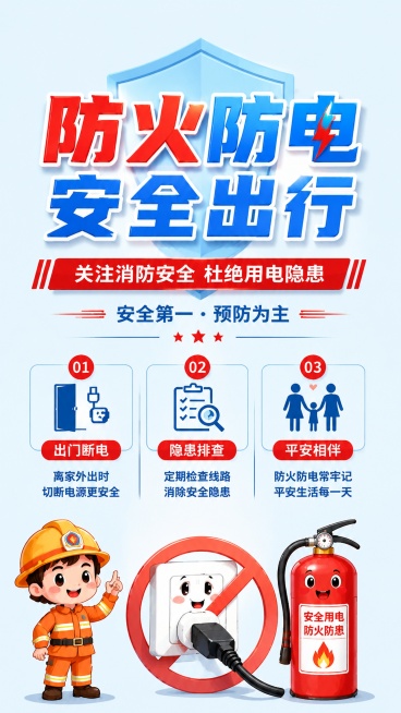 基于原图修改，保留核心文案"防火防电 安全出行"和三大卖点，简化为更简洁的版本，去掉过多装饰元素和复杂背景，保持明亮浅色调和卡通风格，画面干净简洁，信息层级清晰，比例9:16预览效果
