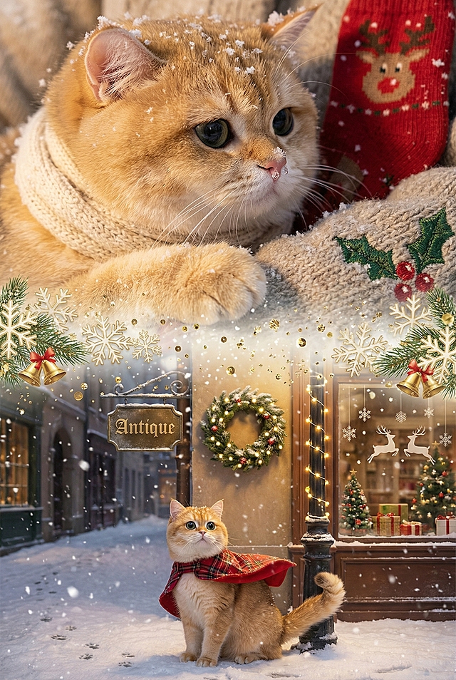 上宫格大特写镜头，圆滚滚金渐层猫咪侧脸特写，奶白色针织小围巾裹着脖颈，蓬松绒毛沾着细碎雪花，粉嫩嫩的鼻尖凝着几粒雪珠，肉垫轻搭在缀有冬青红果刺绣的粗纺羊毛毯上，耳尖落着星星点点的雪花，围巾旁露出半截绣着麋鹿图案的红色针织小袜子，暖调光影勾勒绒毛纹理，氛围感治愈软糯。
中间衔接元素大面积雪花图标层叠交织，雪花边缘鎏金描边，中间点缀迷你圣诞铃铛与松枝图案，雪花间隙飘着细碎的金色亮片，亮片随雪花缓慢飘落，将上下画面柔和衔接，营造出雪夜飘雪的动态氛围感，整体色调温暖雅致。
下宫格中景镜头，金渐层猫咪蹲坐在欧式老街的铸铁路灯下，尾巴卷成小毛球轻轻蹭着灯杆，背上的红格纹小披风被微风拂起一角，身后是覆着薄霜的铜制 “Antique” 店铺招牌，招牌旁挂着松枝红果圣诞花环，花环上坠着小彩灯，路灯杆缠满暖黄串灯，街边橱窗贴着雪花与驯鹿窗花，橱窗内摆着迷你圣诞树与丝带礼盒，地面积雪上散落着小巧的梅花爪印，大片雪花簌簌落在猫咪绒毛与老街石板路上，暖光与冷雪交织，圣诞氛围拉满。