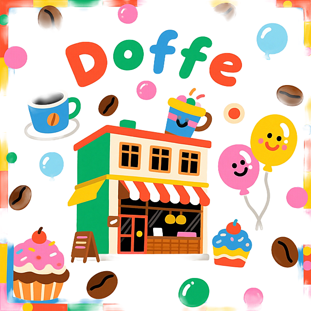 设计一个咖啡店，平面插画风格，白色背景。多巴胺颜色。