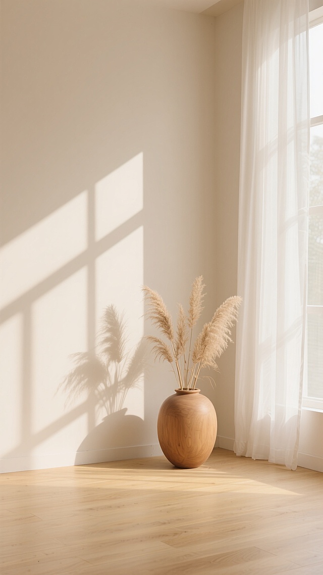 极简主义室内场景，柔和的暖米色墙面与浅色木地板，左侧垂落着半透明的白色纱帘，阳光透过窗户在墙面和地面投射出清晰的几何形状光影图案，墙角处放置一个圆润的浅棕色木质花瓶，瓶中插有干枯的芦苇状植物，整体色调为统一的米白色、浅木色和淡黄色，光线明亮柔和，营造出宁静、温暖、自然、简约的氛围，高清晰度，写实摄影风格，细腻的材质纹理，柔和的阴影过渡，通透的光线感。