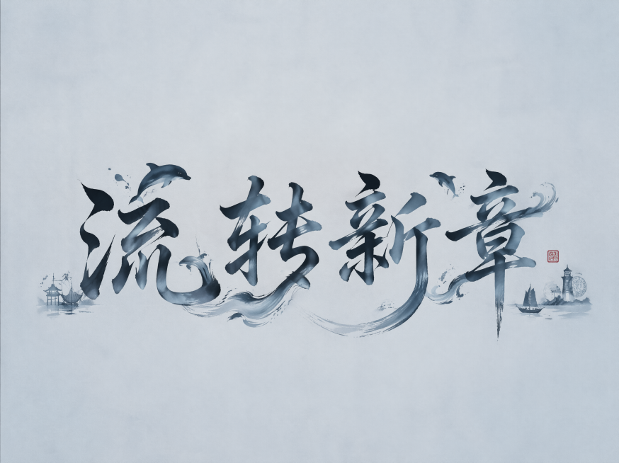 干净的灰蓝色宣纸背景，平面东方美学书法字体设计，四个字"流转新章"，行书书法，笔势行云流水一气呵成，笔画融入水纹波浪细节暗合平陆运河水系流动主题，字体笔画细节巧妙融合钦州滨海海豚剪影造型，贴合海洋潮汐预览效果