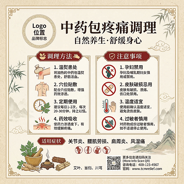 中医养生海报，主题为中药包疼痛调理，包含调理方法和注意事项文字，左上角预留清晰的logo放置位置，整体风格传统中式，自然典雅，暖色调，排版清晰易读，文字排版规整，整体可后期修改编辑