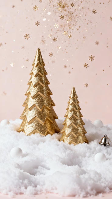 精致的圣诞场景，两座金色闪光材质、表面有锯齿状纹理的锥形圣诞树模型，一大一小分别矗立在蓬松柔软的白色人造雪地上，雪地表面有自然的凹陷和纹理，散落着几个小巧的白色圆形装饰物和一颗金属质感的小铃铛，背景是柔和的浅粉色，空中漂浮着细密的金色闪光雪花，整体光线柔和，营造出温馨浪漫、充满节日氛围的冬日场景，高细节，写实风格，色彩和谐统一。预览效果
