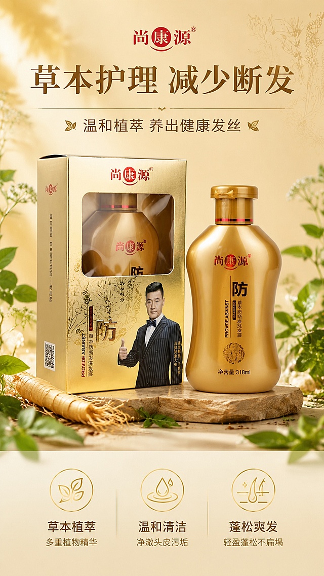 [第1屏] 详情页头图-尚康源草本防断发洗发露产品宣传海报。本屏使用【图1】作为商品主体。
[氛围/风格] 高级洗护海报风，暖金氛围背景，自然草本元素点缀，商业摄影质感，通透高级。
[元素布局] 洗发露产品+包装盒居中放置，占比约65%-70%，产品结构、瓶身颜色、包装文字与输入产品图保持一致；背景搭配清新草本植物枝叶装饰，顶部标题区，底部信息利益条；整体层次分明，产品清晰突出。
[光影质感] 左前方柔光主照明，右侧自然渐变阴影，瓶身金属高光保留清晰轮廓，整体明亮通透，质感高级。
[配色色系] 全局底色 #F5F1E4；主色暖金色；辅助色草木绿+深棕文字。
[视角构图] 正面平视构图，产品为绝对视觉中心，阅读动线从上到下：顶部标题 → 中部产品 → 底部卖点。
[文字版式] 版式为顶部标题 + 中部产品 + 底部三个信息点。主标题「草本护理 减少断发」，副标题「温和植萃 养出健康发丝」，居中对齐；底部三个圆形卖点图标分别是「草本植萃」「温和清洁」「蓬松爽发」，文字不遮挡产品主体。
[比例分辨率] 9:16 竖版比例，4K分辨率，文字清晰可辨，高清画质。
[负向提示词] 瓶身变形，缺件错件，颜色偏差，包装文字错乱，水印，文字过小，背景杂乱